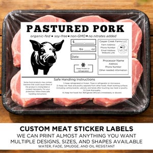 May include: A package of pastured pork chops with a label featuring a pig illustration. The label includes text about the product's organic, soy-free, and non-GMO qualities, along with safe handling instructions. The package is sealed in clear plastic.
