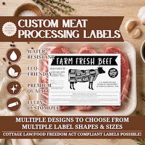 May include: A rectangular white label for custom meat processing featuring a black cow diagram with labeled cuts of beef, the text Farm Fresh Beef, and safe handling instructions, displayed on a plastic-wrapped tray of raw red meat steaks.