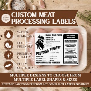 May include: A rectangular white product label for pastured poultry featuring a black rooster illustration, Casper Creek Farms text, and safe handling instructions. The label includes blank fields for weight, price, and dates, with text indicating it is water-resistant, eco-friendly, premium quality, and fully customized.