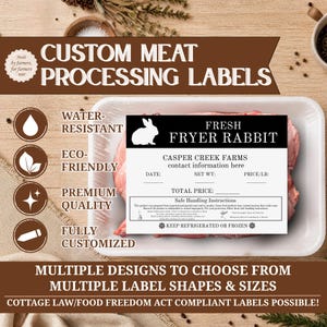 May include: A rectangular white paper label for meat packaging featuring a black rabbit silhouette and the text FRESH FRYER RABBIT, CASPER CREEK FARMS, and safe handling instructions. The label includes blank lines for date, net weight, and price.
