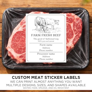 May include: A package of raw beef steaks in a black tray, wrapped in clear plastic. A white label with the text "FARM FRESH BEEF" and illustrations of cows is affixed to the meat. The bottom of the image reads "CUSTOM MEAT STICKER LABELS".