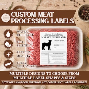 May include: A rectangular white label for meat packaging featuring a black silhouette of a lamb, the text Casper Creek Farms, MARKET FRESH LAMB, certified organic grass fed and finished, nutrition facts, and safe handling instructions.