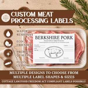 May include: A rectangular white label for Berkshire pork meat packaging featuring a black line drawing of a pig in an oval frame. The label includes printed fields for price, date, net weight, cut, and processor information on a white background.