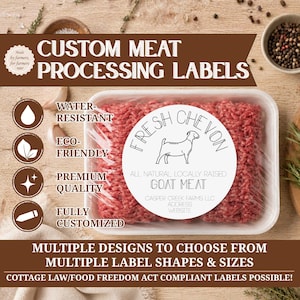 May include: A white circular label on a package of ground meat featuring a line drawing of a goat and the text Fresh Chevon, All Natural, Locally Raised Goat Meat, Casper Creek Farms LLC, Address, and Website, with icons for water-resistant.