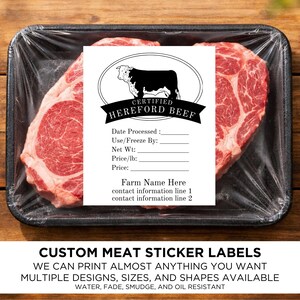 May include: A package of raw beef steaks in a black tray, wrapped in clear plastic. A white label displays a Hereford cow illustration and the text "CERTIFIED HEREFORD BEEF". The label includes space for processing and pricing information. The bottom of the image reads "CUSTOM MEAT STICKER LABELS".