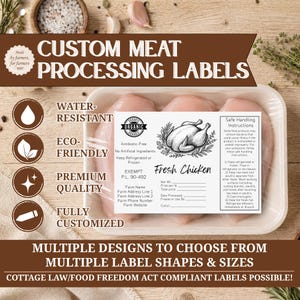 May include: A rectangular white label for meat packaging featuring a black and white illustration of a whole chicken, the text Fresh Chicken, and sections for farm details, net weight, price, and safe handling instructions on a plastic-wrapped tray.