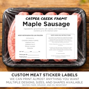 May include: A package of maple sausage from Casper Creek Farms, with a label detailing ingredients and safe handling instructions. The label also states the net weight in pounds and ounces. The package is sealed in clear plastic.
