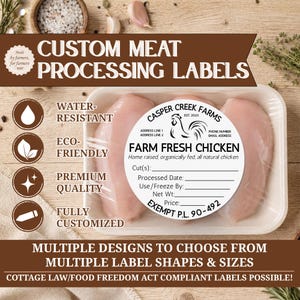 May include: A round white sticker label for meat packaging featuring a rooster graphic and the text Casper Creek Farms, Farm Fresh Chicken, and fields for cut, date, weight, and price. The label is applied to a plastic tray of raw chicken.