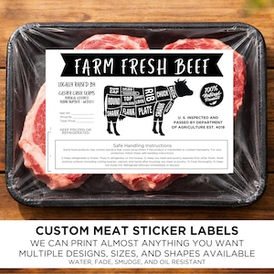 May include: A package of raw beef steaks in a black tray, wrapped in clear plastic. The label reads "FARM FRESH BEEF" and includes a diagram of a cow with labeled cuts. Text at the bottom says "CUSTOM MEAT STICKER LABELS".