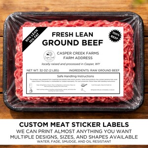 May include: A package of fresh, lean ground beef in a black tray, wrapped in clear plastic. The label reads "FRESH LEAN GROUND BEEF" and includes the Casper Creek Farms logo. The net weight is 32 oz (2 lbs).