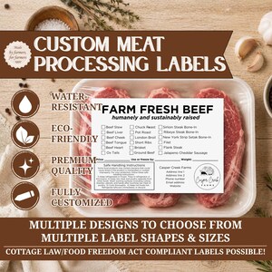 May include: Custom meat processing labels for farm fresh beef packaging. The white rectangular label features a checklist of beef cuts, safe handling instructions, and a Casper Creek Farms logo. The label is displayed on a plastic-wrapped tray of raw beef steaks.