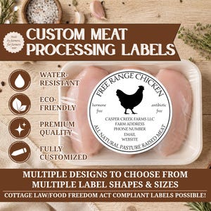 May include: A round white sticker label for meat packaging featuring a black silhouette of a chicken in the center. The text reads Free Range Chicken, hormone free, antibiotic free, Casper Creek Farms LLC, farm address, phone number, email, and website.
