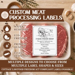 May include: A rectangular white label for meat packaging featuring a black and white illustration of two cows. The label includes the text FARM FRESH BEEF, The good ol' fashioned way, 100% pure and natural, and blank lines for farm and processor details.