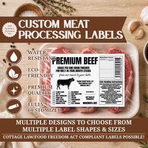May include: A rectangular white label for meat packaging featuring the text PREMIUM BEEF, a silhouette of a cow, a nutrition facts table, and a list of steak cuts including flank, tri-tip, ribeye, and filet mignon, with safe handling instructions.