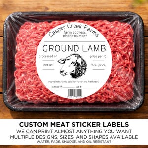 May include: A package of raw ground lamb in a black tray, wrapped in clear plastic. The label reads "GROUND LAMB" with a sheep illustration and "Casper Creek Farms." The bottom text says "CUSTOM MEAT STICKER LABELS".