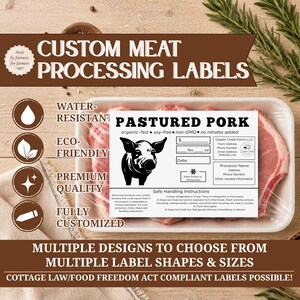 May include: A white rectangular label for pastured pork meat packaging featuring a black pig illustration, text fields for weight in lbs and oz, date, and farm details. The label includes safe handling instructions and icons for water-resistant, eco-friendly, premium quality, and fully customized features.