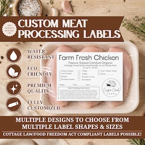 May include: A white rectangular label for custom meat processing featuring the text Farm Fresh Chicken, Pasture Raised Certified Organic, and Casper Creek Farms. The label includes checkboxes for chicken cuts, weight, price, date, and safe handling instructions.