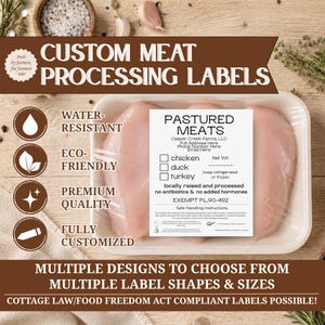 May include: A white rectangular label for custom meat processing applied to a plastic-wrapped tray of raw chicken breasts. The label features text including Pastured Meats, Casper Creek Farms, LLC, and checkboxes for chicken, duck, or turkey options.