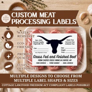 May include: A rectangular white meat processing label featuring a black longhorn steer silhouette, text reading Grass Fed and Finished Beef, Casper Creek Farms, and fields for cuts, date, weight, and price. The label includes non-GMO and gluten-free claims.