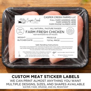 May include: A package of raw chicken breasts in a black tray, sealed with clear plastic wrap. The label reads "Farm Fresh Chicken" from Casper Creek Farms, with space for weight and price. The bottom of the image says "Custom Meat Sticker Labels".