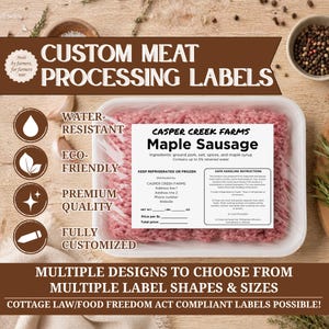 May include: A rectangular white plastic tray containing ground meat wrapped in clear film with a label reading Casper Creek Farms Maple Sausage, including ingredients, safe handling instructions, and blank fields for net weight, price, and total price.
