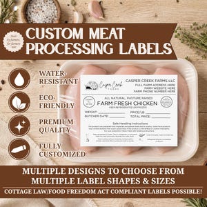 May include: A rectangular white label for custom meat processing featuring the text Casper Creek Farms LLC, Farm Fresh Chicken, and safe handling instructions. The label includes fields for weight, price per pound, butcher date, and total price.