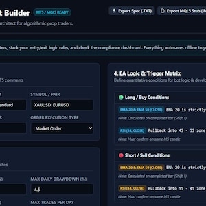 May include: A dark-themed software interface titled Prop Firm MT5 EA Blueprint Builder. The dashboard features sections for Strategy Identity, Target Firm, Risk and Drawdown Guardrails, and an EA Logic and Trigger Matrix for algorithmic trading.