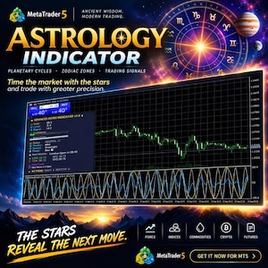 May include: A digital trading dashboard titled Astrology Indicator for MetaTrader 5, featuring a green price chart, an oscillator graph, and a zodiac wheel background. Text includes Ancient Wisdom, Modern Trading, and The Stars Reveal The Next Move.