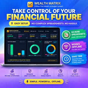 Peut inclure: Un écran d'ordinateur portable affiche le tableau de bord du système de gestion de budget et de patrimoine Wealth Matrix. L'interface sombre présente des graphiques financiers, des revenus, des dépenses et des données de dette en vert, bleu et orange.