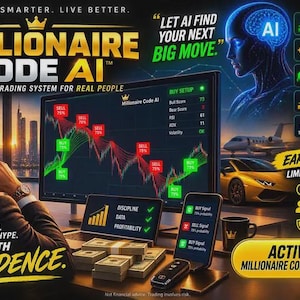 May include: A digital advertisement for Millionaire Code AI featuring a person looking at a computer monitor displaying stock market charts with buy and sell signals, stacks of cash, a smartphone, a luxury car, and a private jet in the background.