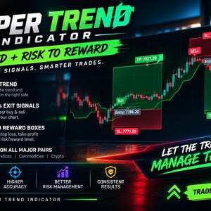 May include: A digital graphic for the Super Trend Indicator featuring a financial candlestick chart with buy and sell signals, risk-to-reward boxes, and text overlays including Super Trend Indicator, Trend + Risk to Reward, and Trade Smarter.