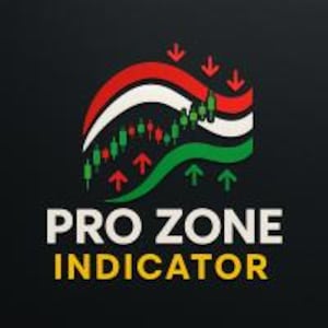 Może przedstawiać: Logo z napisem "PRO ZONE INDICATOR" w kolorze białym i ż&oacute;łtym. Logo przedstawia stylizowany wz&oacute;r z czerwonymi, białymi i zielonymi zakrzywionymi liniami, wraz z zielonymi i czerwonymi wykresami świecowymi oraz strzałkami w g&oacute;rę i w d&oacute;ł, wszystko na czarnym tle.