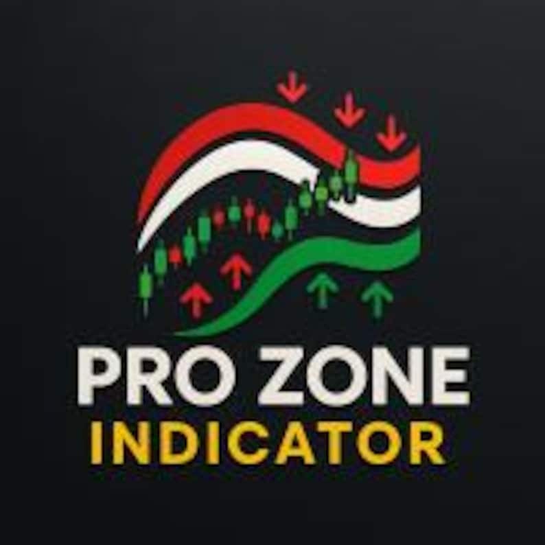 Może przedstawiać: Logo z napisem "PRO ZONE INDICATOR" w kolorze białym i ż&oacute;łtym. Logo przedstawia stylizowany wz&oacute;r z czerwonymi, białymi i zielonymi zakrzywionymi liniami, wraz z zielonymi i czerwonymi wykresami świecowymi oraz strzałkami w g&oacute;rę i w d&oacute;ł, wszystko na czarnym tle.