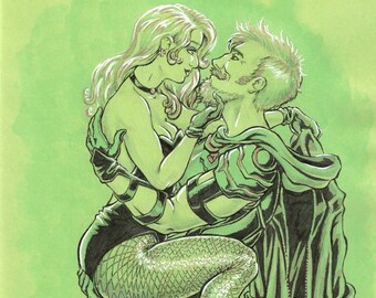 Stampa artistica romantica con freccia verde e nero canarino