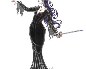 May include: A woman in a long black gown with lace trim stands with a black raven in her hand. She holds a sword in her other hand. The raven is holding a red rose in its beak. The woman has long dark hair and is wearing a necklace with a red heart pendant.