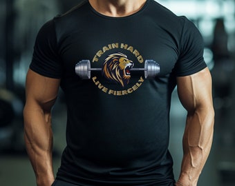 Motivational Gym Shirt for Bodybuilders, Inspirational Lion Design Workout T-Shirt, Train Hard Fitness Shirt