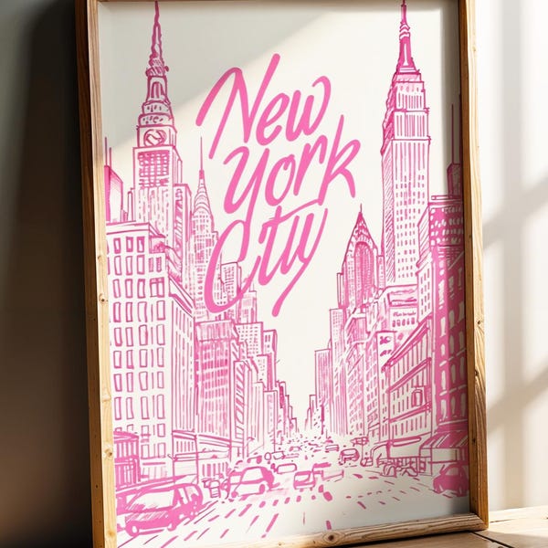 Pink New York City Print, NYC Wall Art, Modern Cityscape Printable, Trendy Apartment Decor, Feminine Travel Art for Bedroom Digital Download