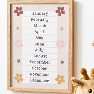 Póster de calendario para aula con diseño de flores bohemias y meses neutros del año para guardería, tabla de aprendizaje para sala de juegos infantil, decoración de guardería
