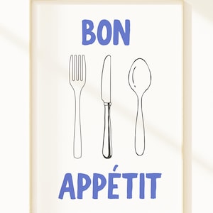 Bon Appétit キッチンウォールアート フレンチカフェ 印刷可能 モダンダイニングルーム装飾 ミニマリストカトラリープリント デジタルダウンロードポスター