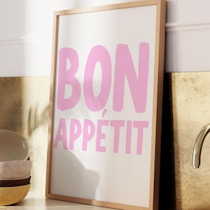 Bon Appetit ポスター フランス語の引用ポスター ピンク キッチンプリント Bon Appetit サイン バーカートプリント アパートの装飾 食事サイン デジタルダウンロード