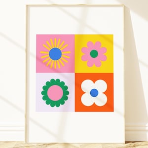 Retro Flower Wall Art Colorful Groovy Floral Print Midcentury Mod Aesthetic Y2K Room Decor Bold Graphic Digital Download Poster