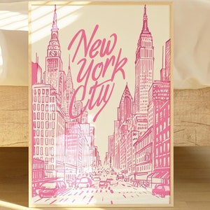 Impresión de viaje de la ciudad de Nueva York Impresión retro del horizonte de Nueva York Arte mural de la ciudad de Nueva York Póster de viaje Apartamento rosa Estética Impresión retro de Nueva York