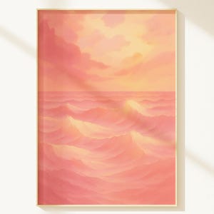 Pink Ocean Print Aesthetic Wave Wall Art Sunset Beach digitale download dromerige vrouwelijke kustvibes voor slaapkamer, badkamer of kantoorinrichting