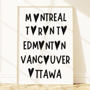 Villes canadiennes noir et blanc impression coeur police art mural Canada art minimaliste fierté Canada décoration murale Canada téléchargement numérique
