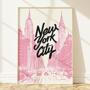 New York City Print, Trendy Pink Travel Print, Retro NYC Posters, Dorm Room Decor, Preppy Printable Poster, Apartment Prints New York