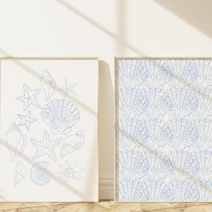 Coastal Seashell Wall Art Set Minimalist Beach Print Duo in Light Blue Nautical Ocean Decor for Coastal Home or Bathroom Digital Download