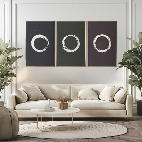 Set of 3 Moody Minimalist Japandi Wall Art | Dark Simple Wabi Sabi Paintings | Modern Enso Circle Japanese Decor | Neutral Tone Prints | JA1