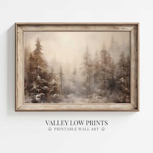 Moody Winter Pine Forest Painting | Rustic Christmas Landscape Print | Vintage Printable Wall Art | Snowy Trees Digital Download Decor | WI9