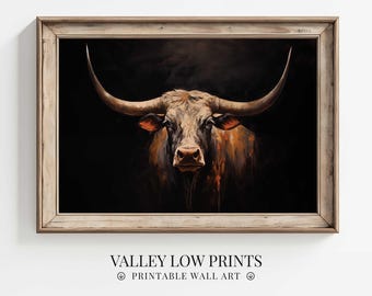 May include: A close-up of a brown and white longhorn bull with large horns, looking directly at the camera. The bull is set against a dark background, creating a dramatic effect.