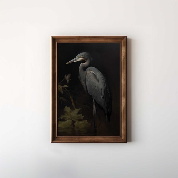 Dark Moody Blue Heron Painting Digital Download Wall Art | Audubon Inspired Moody Oil Painting Digital Download Decor | Bird Wall Art | FA5